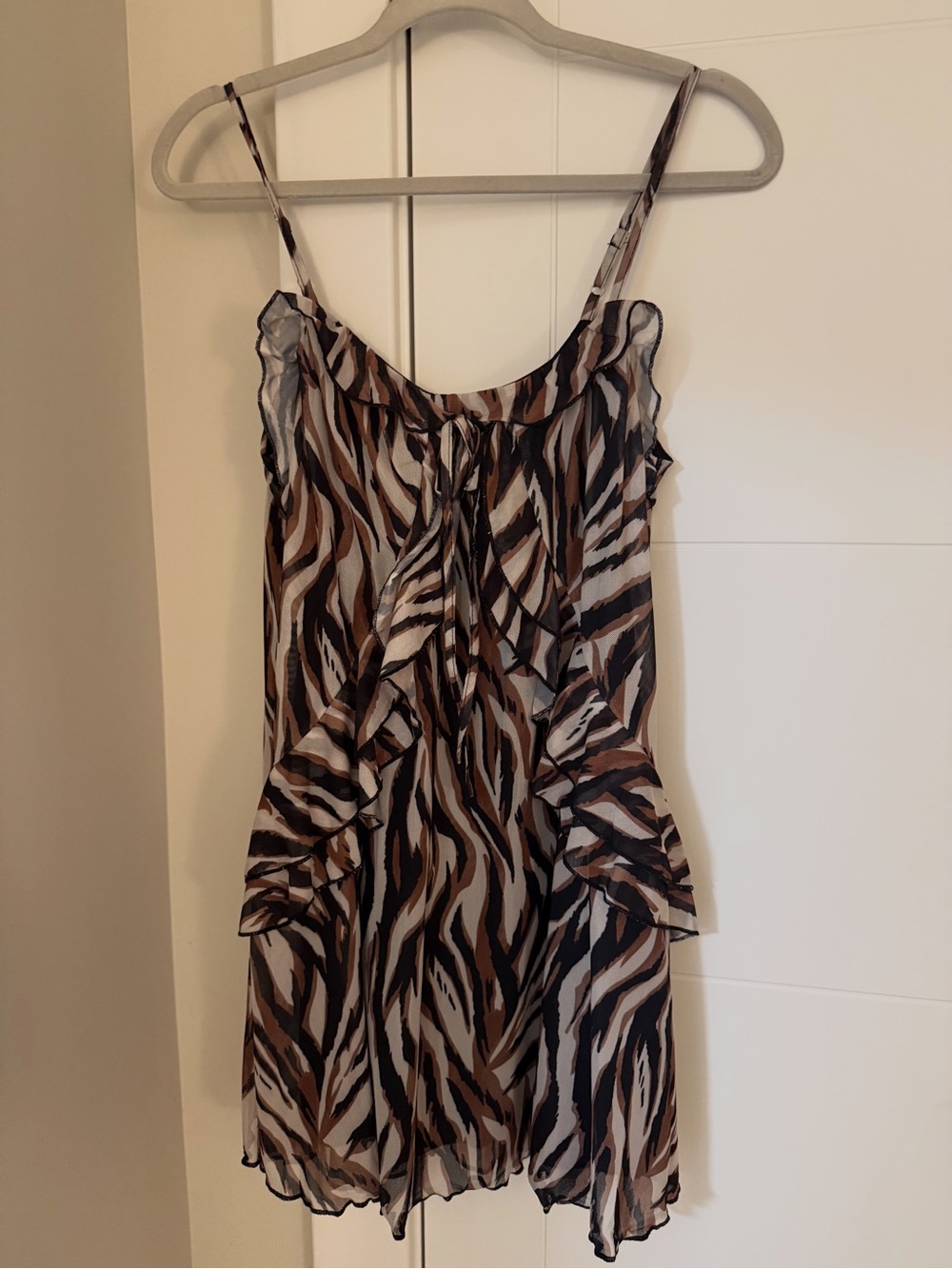 Catalina Sheer Zebra-Print Slip Dress in Black, Brown & Cream